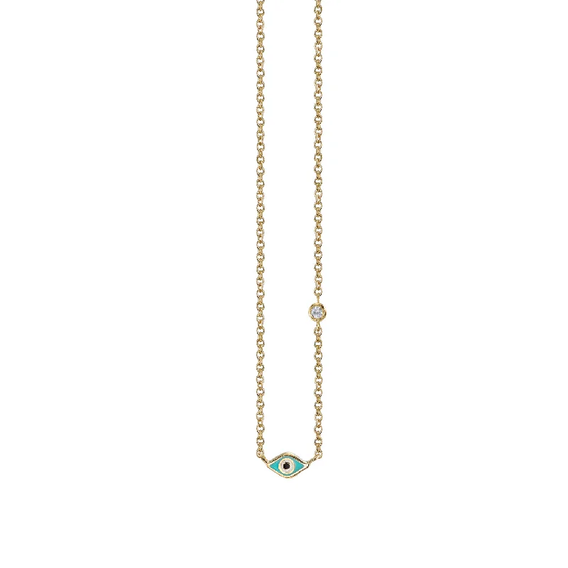 Diamond Solitaire Necklace-Gold & Turquoise Mini Enamel Eye Necklace with Diamond