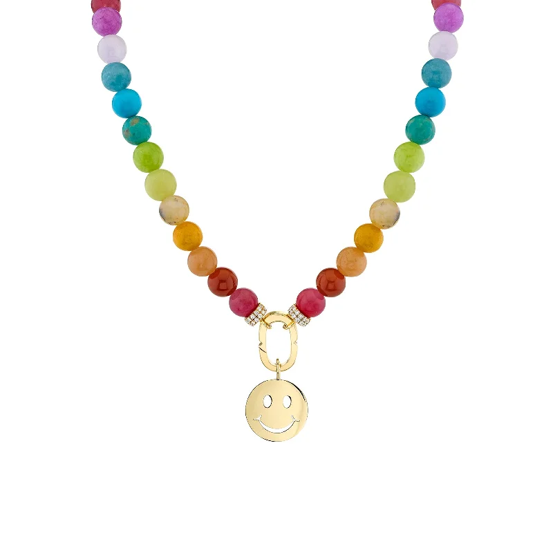 Long Chain Necklace for Women-Pure Gold Large Happy Face Rainbow Jade Necklace