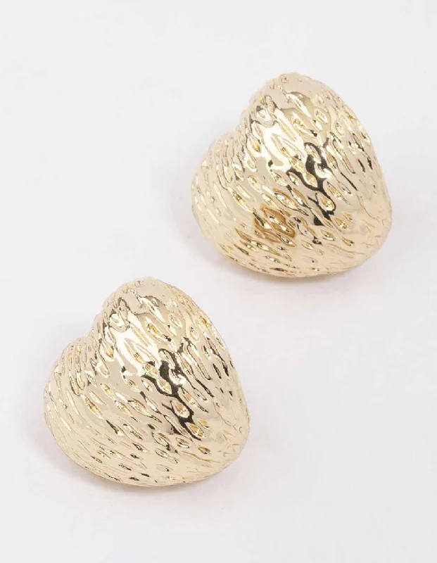 Luxury Drop Earrings-Gold Puffy Textured Heart Stud Earrings