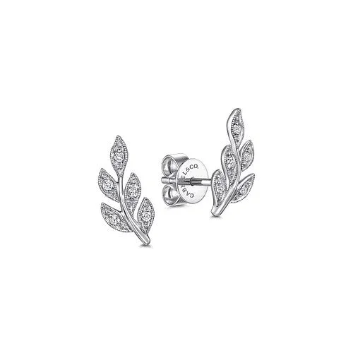 Vintage Boho Earrings-14K White Gold Diamond Leaf Stud Earrings