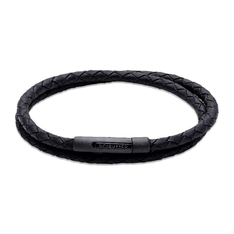 Men’s Gold Bracelet-Unique & Co Black Leather Bracelet with a Black Edge and Black IP