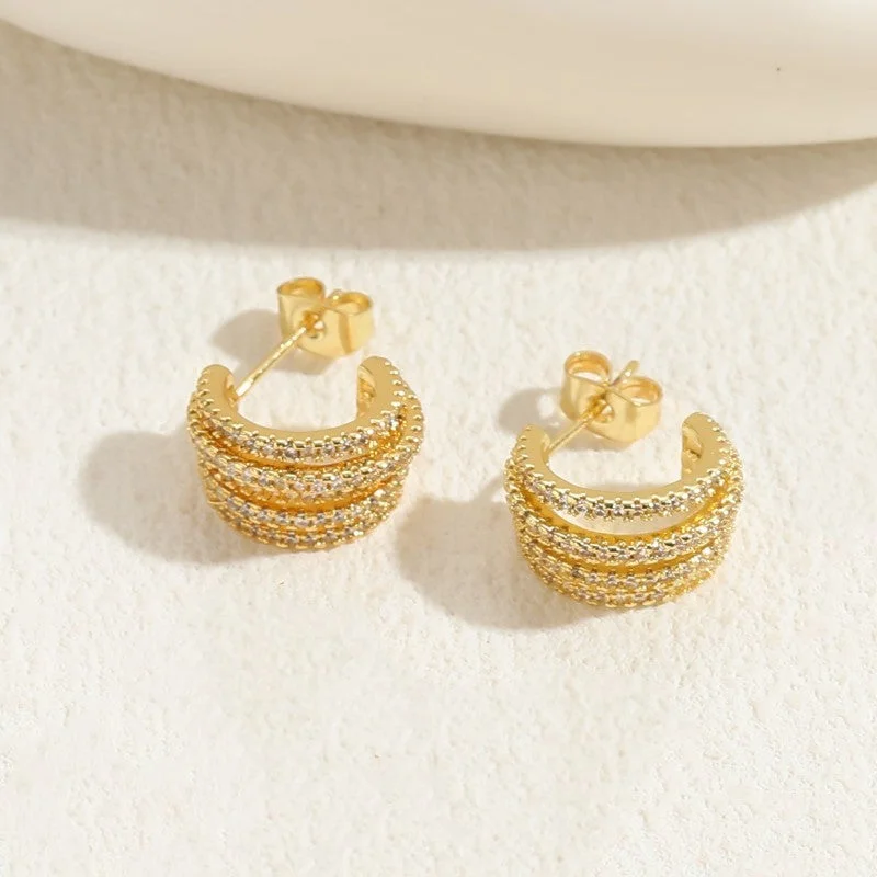 Multi-Layer C- Shaped White Zircon Earrings