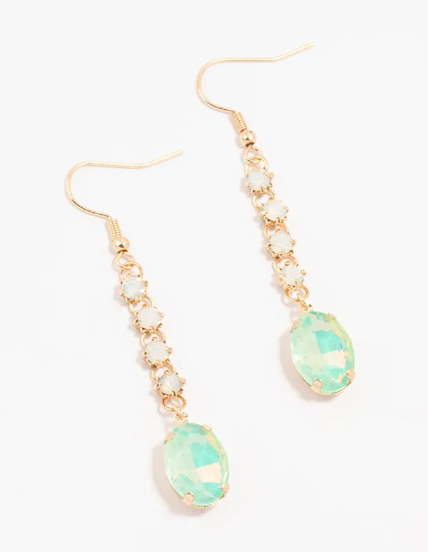 Beautiful Pearl Earrings-Gold & Green Cup Chain Diamante Oval Drop Earrings