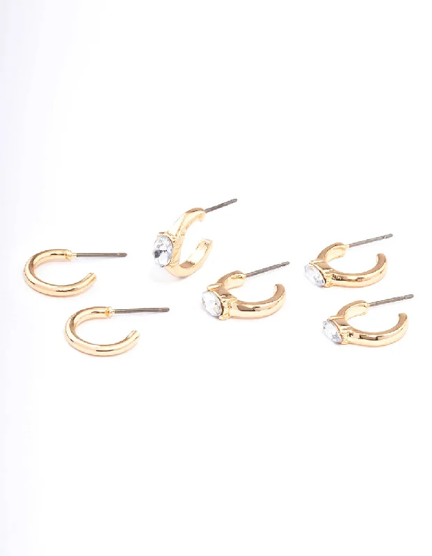 Gold Stud Earrings-Gold Oval Diamante Hoop Earrings Pack