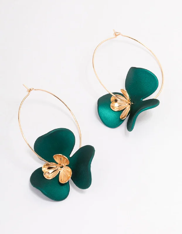 Classic Diamond Earrings-Green Flower Petal Hoop Earrings