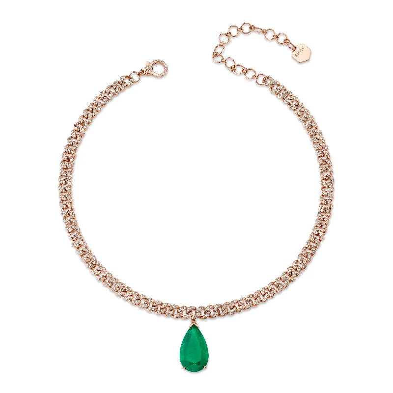 Long Gold Necklace-READY TO SHIP EMERALD TEARDROP PAVE MINI PAVE LINK CHOKER