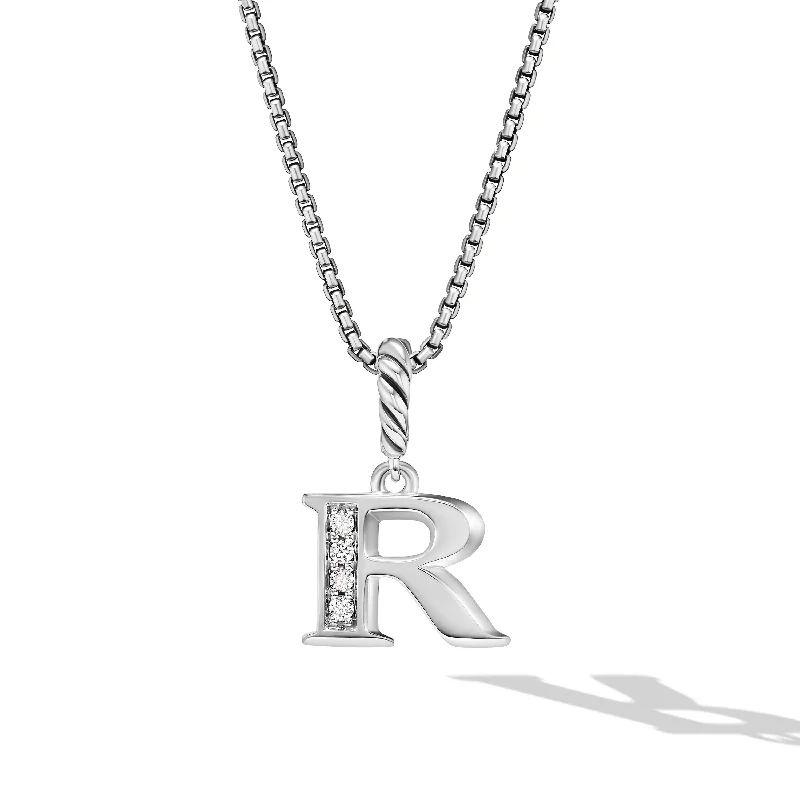 Silver Oval Necklace-Pavé Initial Pendant Necklace in Sterling Silver with Diamond R