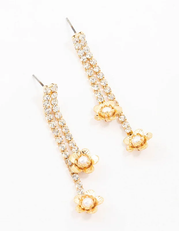 Classic Pearl Earrings-Gold Cup Chain Pearl Flower Drop Earrings