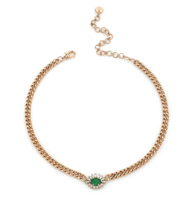 Chunky Gold Necklace-READY TO SHIP EMERALD & DIAMOND EVIL EYE MINI LINK NECKLACE