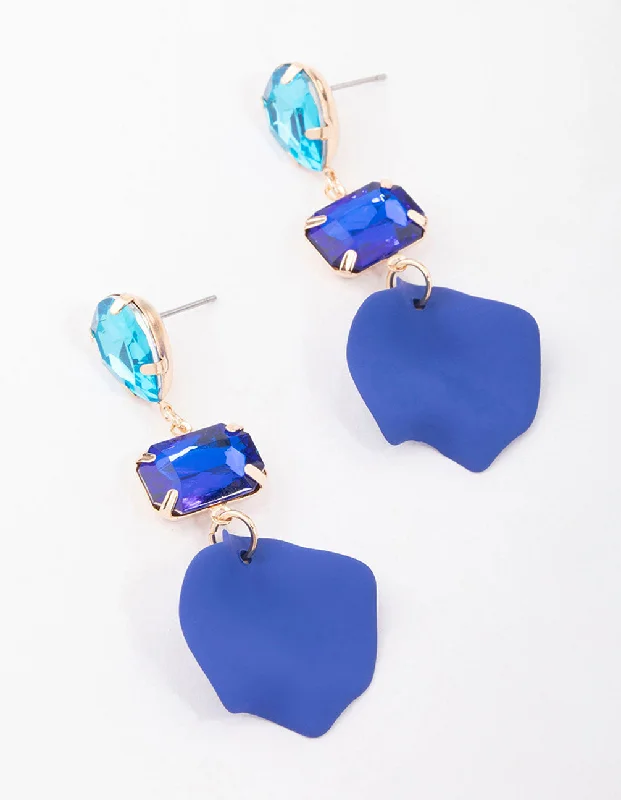 Cute Crystal Earrings-Blue Pear & Rectangle Diamante Petal Drop Earrings