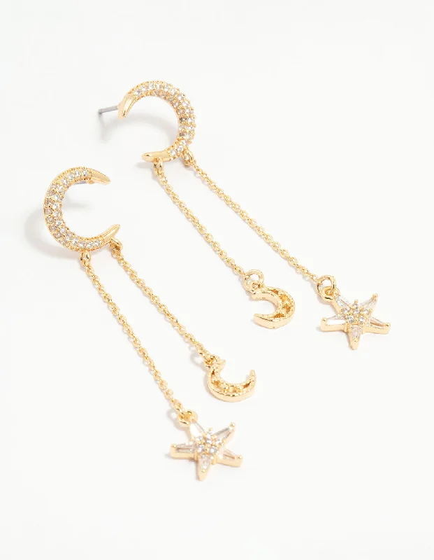 Yellow Gold Earrings-Gold Plated Moon & Star Drop Earrings