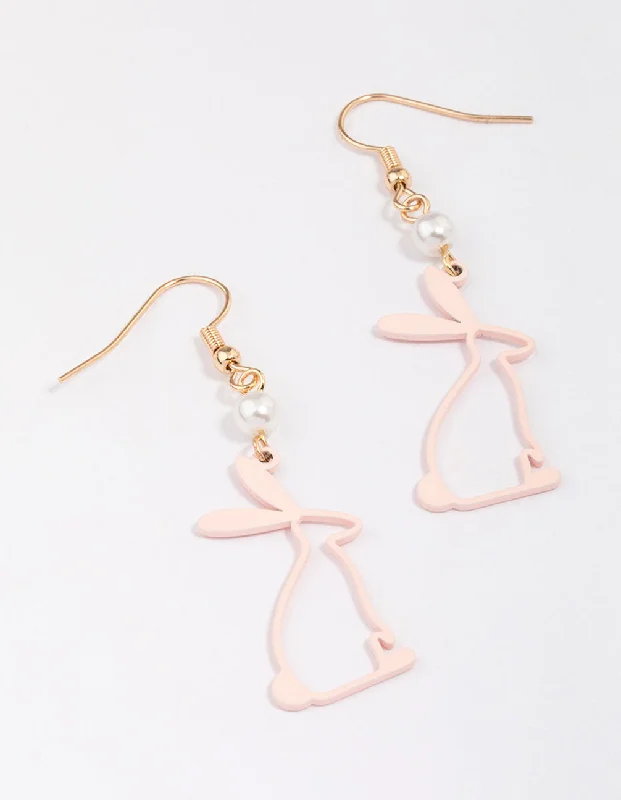 Geometric Dangle Earrings-Pink Rabbit & Pearl Drop Earrings