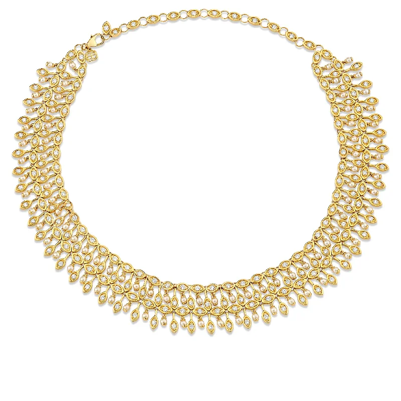 Choker Necklace for Women-Gold, Diamond & Pearl Marquise Eye Collar Necklace