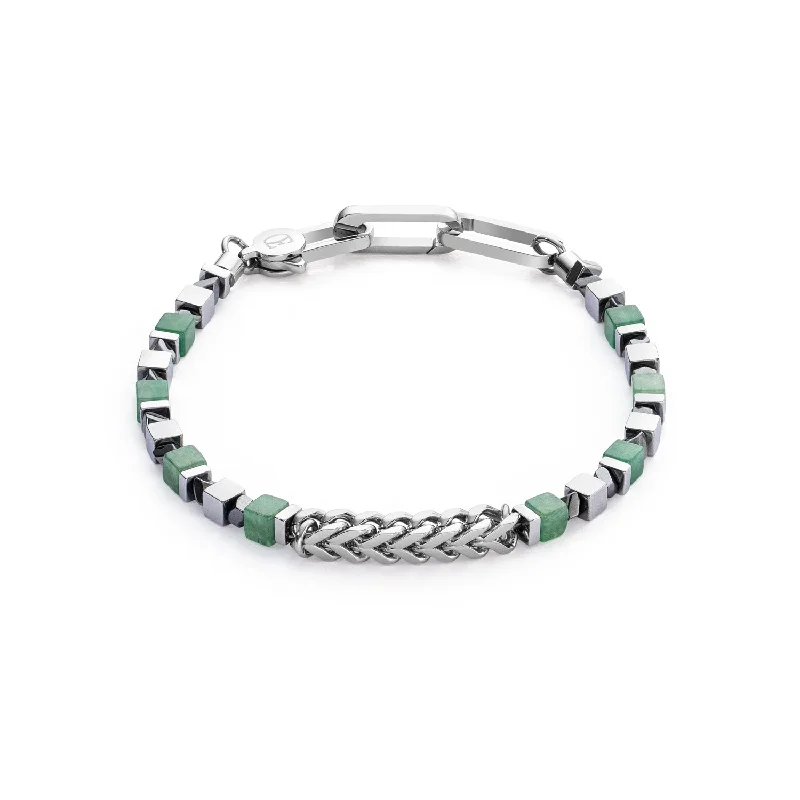 Fashionable Silver Cuff Bracelet-Coeur De Lion Precious Cubes & Chain Silver Green Bracelet