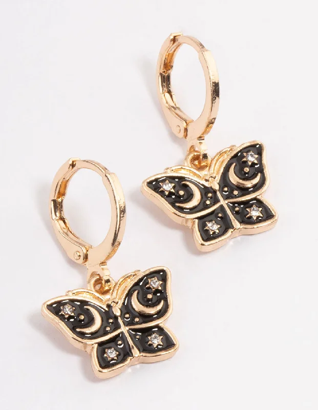 Beaded Hoop Earrings-Gold Celestial Butterfly Huggie Earrings