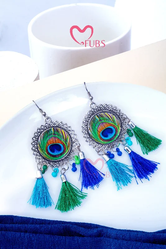 Minimalist Gold Earrings-Peacock feather Tassel Hook Earrings