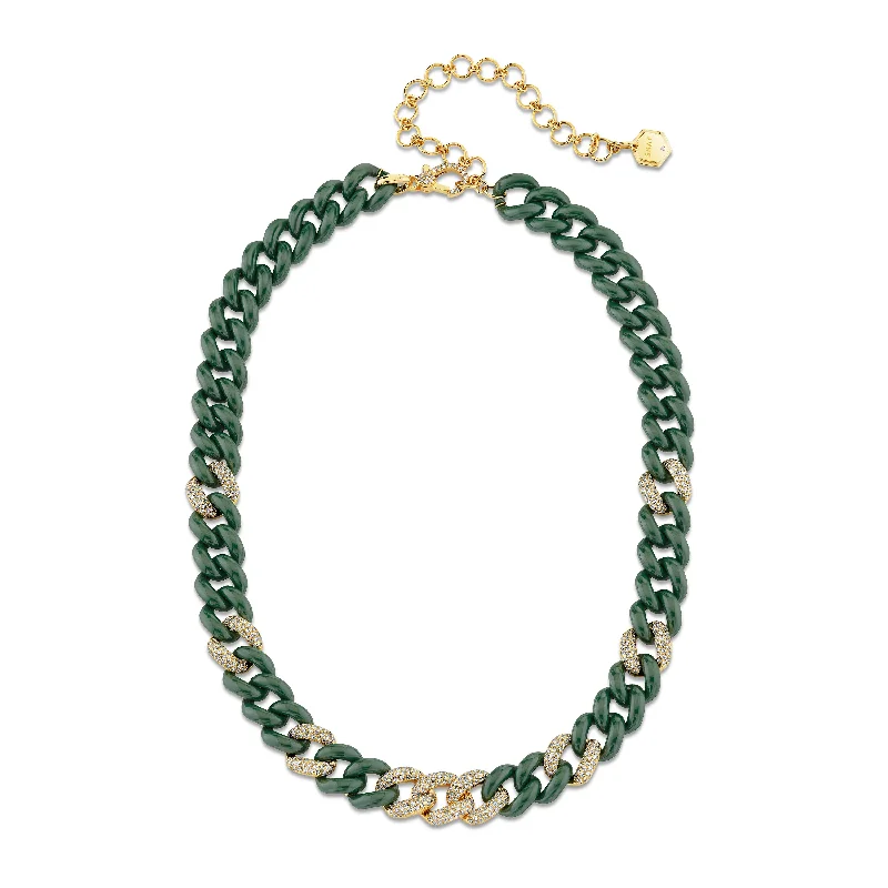 Chunky Chain Necklace-READY TO SHIP DIAMOND 9 PAVE & GREEN CERAMIC ESSENTIAL LINK NECKLACE