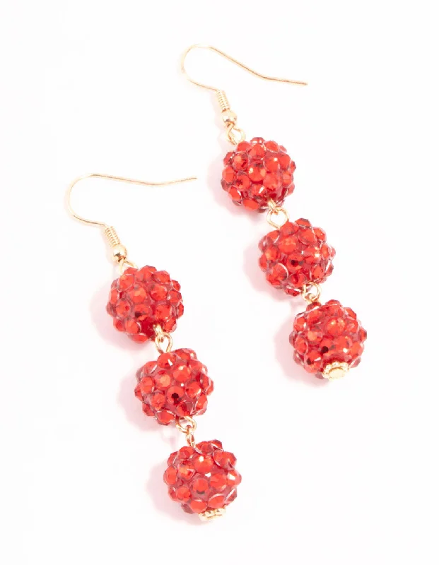 Statement Gold Earrings-Red Diamante Shambala Ball Gold Drop Earrings