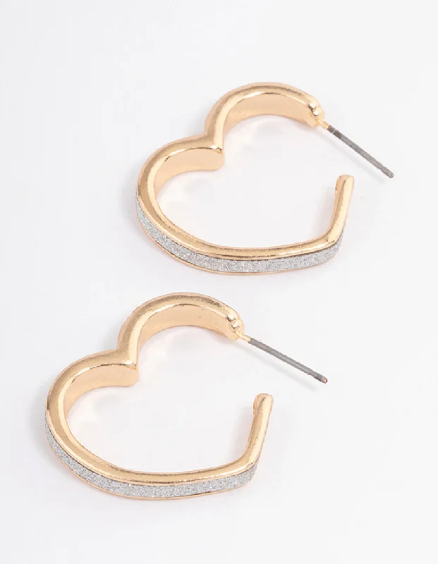 Elegant Dangly Earrings-Silver Glitter Heart Hoop Earrings