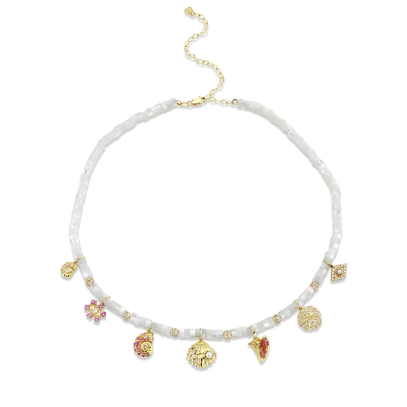 Crystal Charm Necklace-Gold & Diamond Sea Treasures Mother of Pearl Heishi Necklace