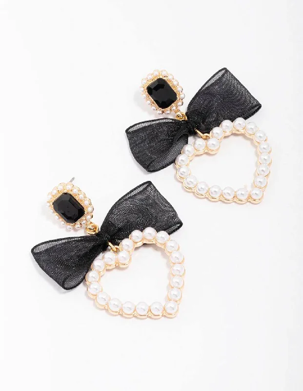 Fashionable Pearl Earrings-Gold Pearl Bow Heart Drop Earrings