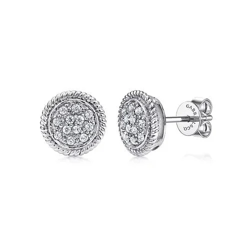 Layered Gold Earrings-14K White Gold Round Diamond Cluster Stud Earrings with Twisted Rope Frame