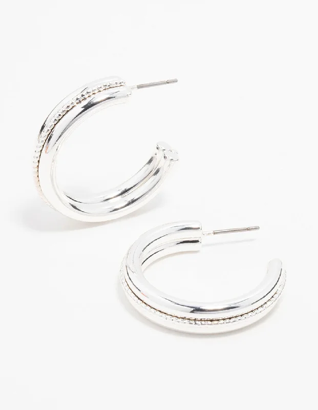 Designer Crystal Earrings-Silver Twisted Centre Hoop Earrings