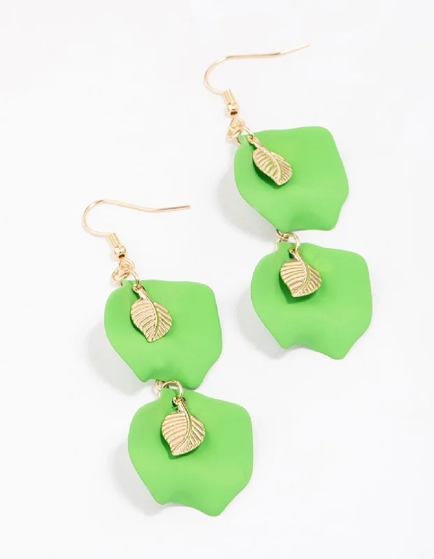 Abstract Design Earrings-Gold & Green Double Iridescent Drop Earrings