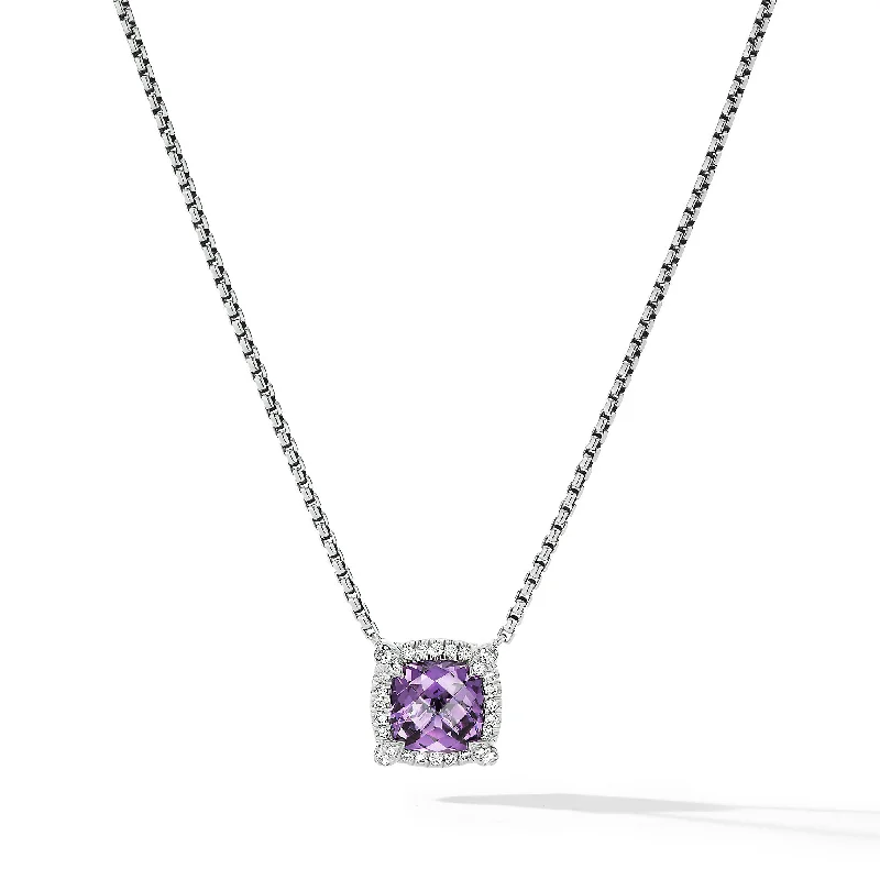 Long Gemstone Necklace-Petite Chatelaine® Pavé Bezel Pendant Necklace in Sterling Silver with Amethyst and Diamonds\, 7mm