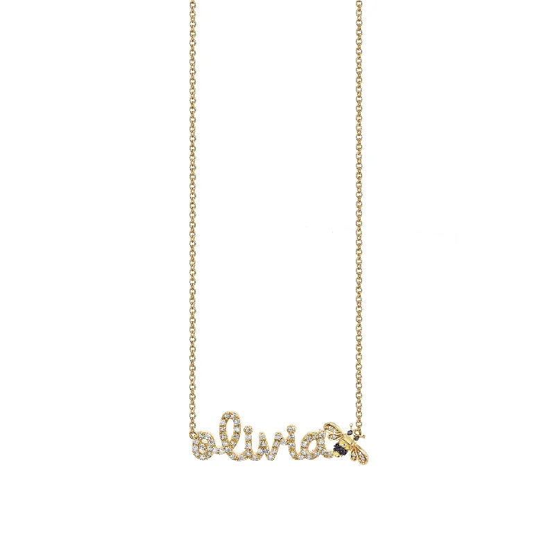 Luxury Gemstone Necklace-Gold & Diamond Small Custom Script Bee Icon Necklace