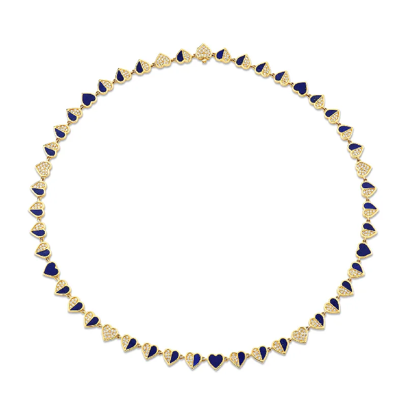 Elegant Choker Necklace-Gold, Diamond & Lapis Stone Inlay Heart Eternity Necklace