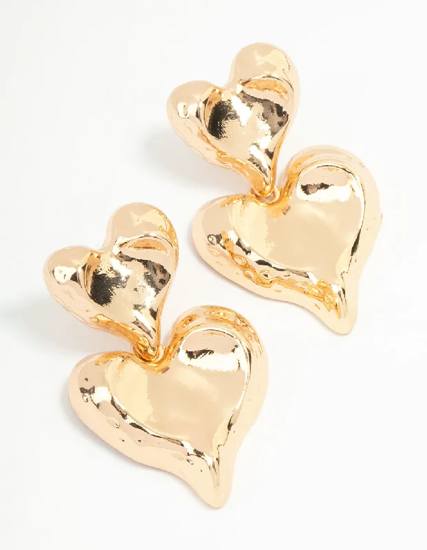 Classic Silver Earrings-Gold Double Heart Drop Earrings