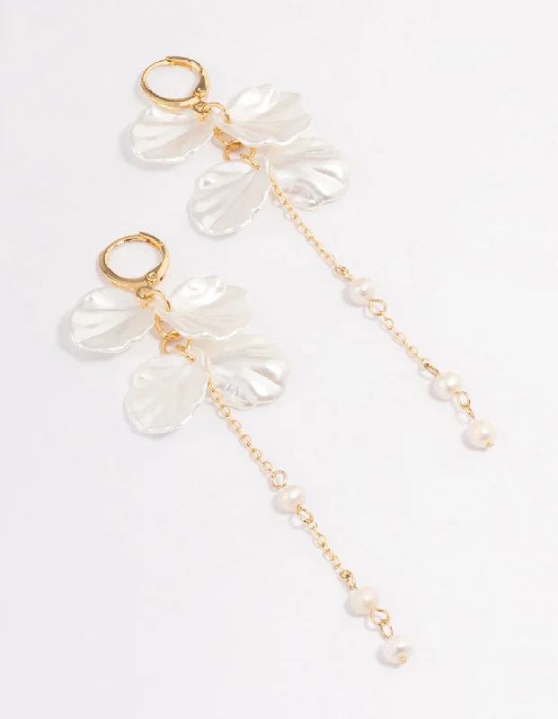 White Gold Earrings-Gold Plated Large Petal Freshwater Pearl Drop Huggie Earrings