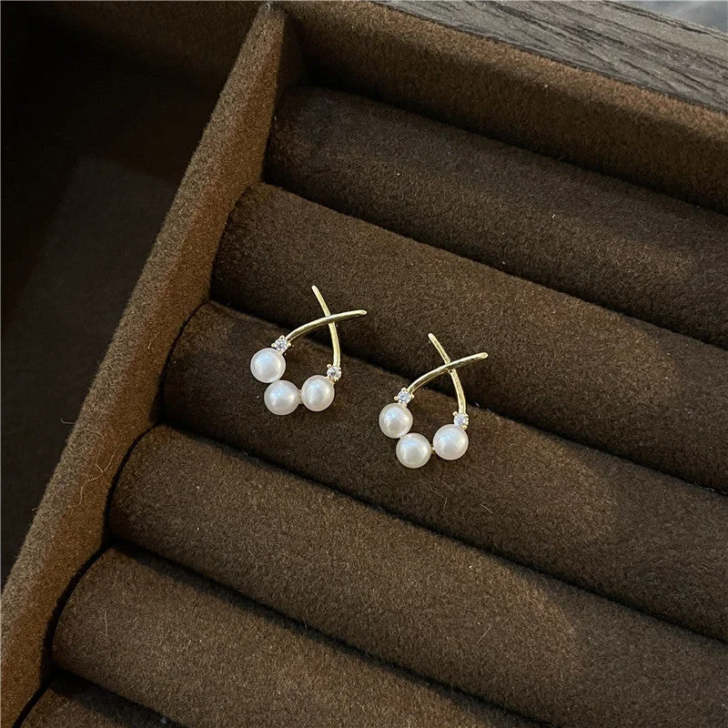 Gold Three Pearl Cross Stud Earrings