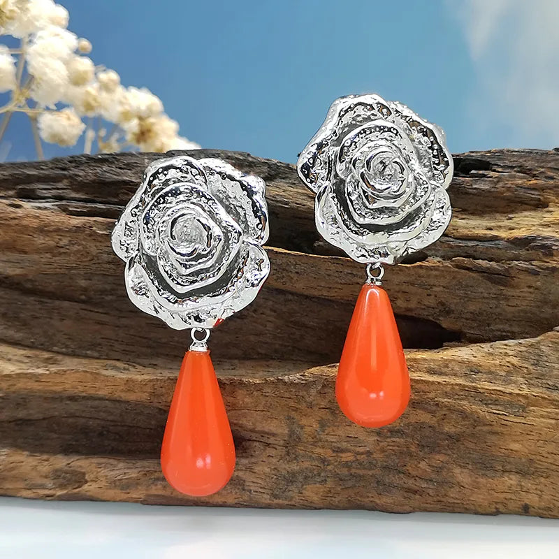 Silver Rose Stud Earrings Red Water Drop