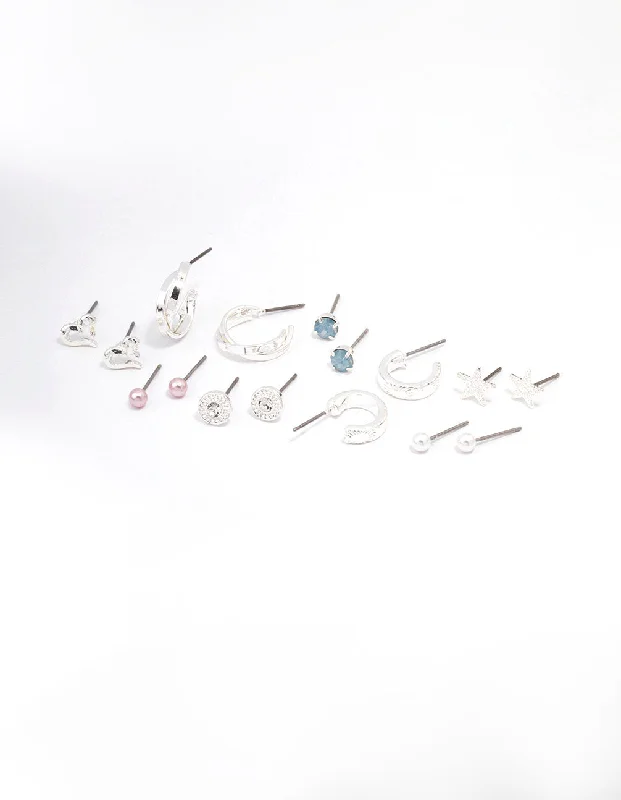 Silver Bead Drop Earrings-Silver Star & Heart Earring 8-Pack