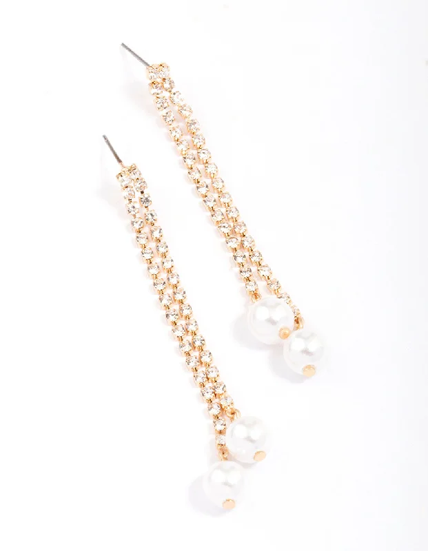 Stylish Dangling Earrings-Gold Cup Chain Pearl Drop Earrings