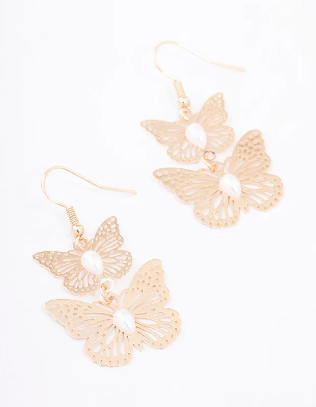 Long Silver Earrings-Gold Double Pearl Butterfly Drop Earrings