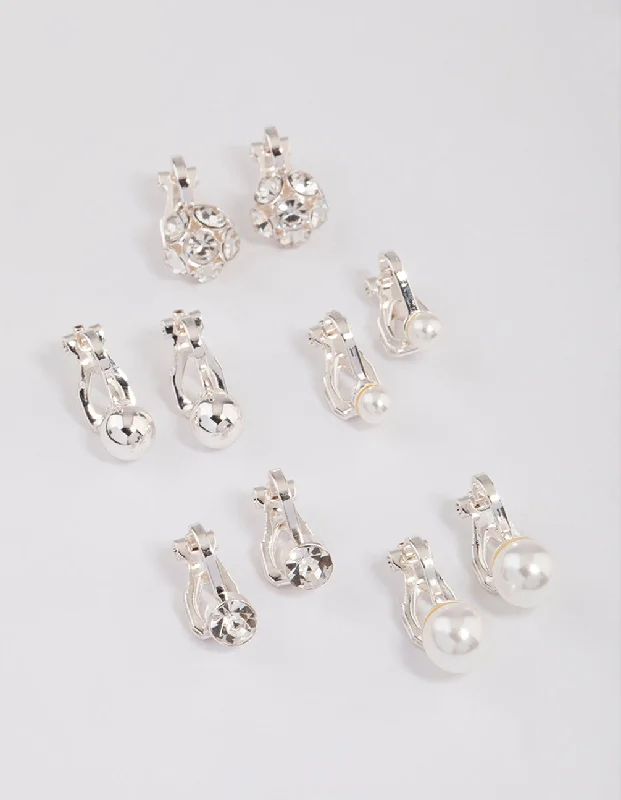 Green Jade Earrings-Silver Pearl & Diamante Ball Clip On Earrings 5-Pack