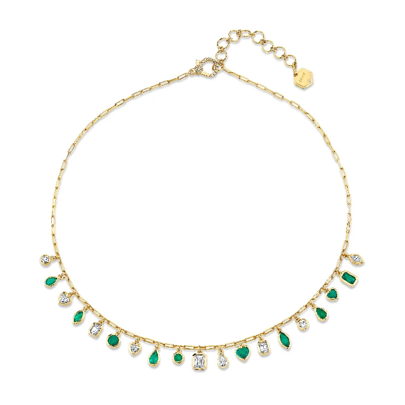 Modern Bar Necklace-EMERALD AND DIAMOND MIXED DROP NECKLACE