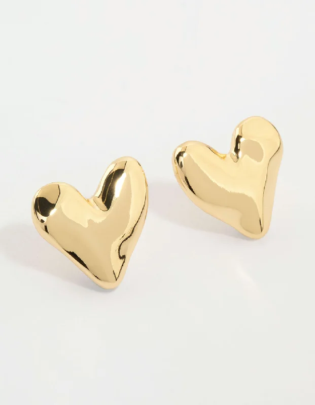 Sterling Silver Earrings-Gold Plated Organic Heart Stud Earrings