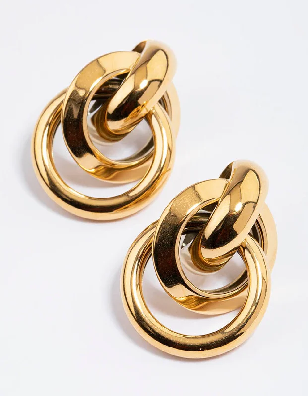 Floral Hoop Earrings-Waterproof Gold Plated Stainless Steel Knotted Link Drop Earrings