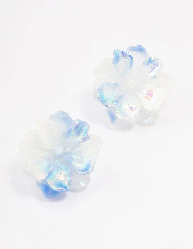 Statement Drop Earrings-Blue Holographic Flower Stud Earrings