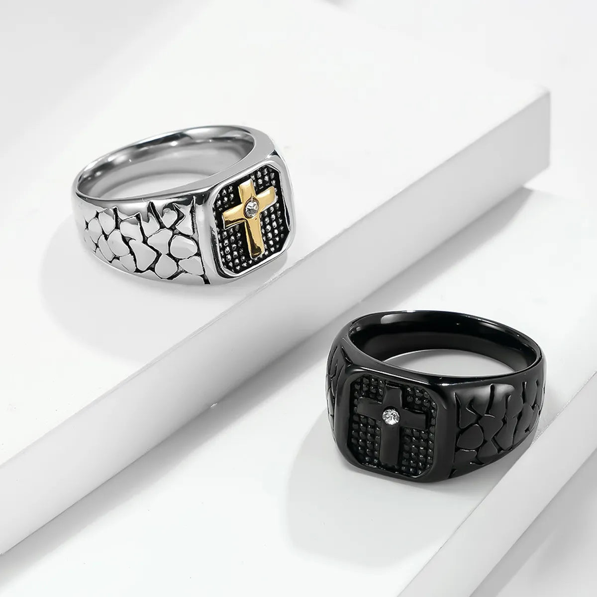 Simple Platinum Ring Set-Retro Simple Style Cross 304 Stainless Steel Inlay Rhinestones 18K Gold Plated Unisex Rings