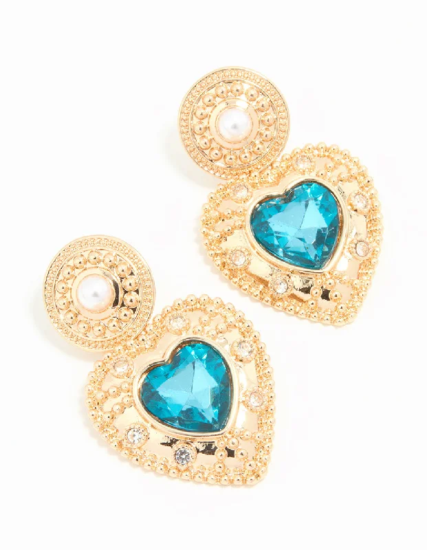 Turquoise Drop Earrings-Gold Blue Stone Heart Drop Earrings