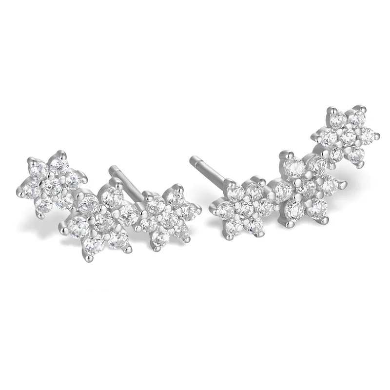 Three-Flower Zircon Ear Studs-Platinum