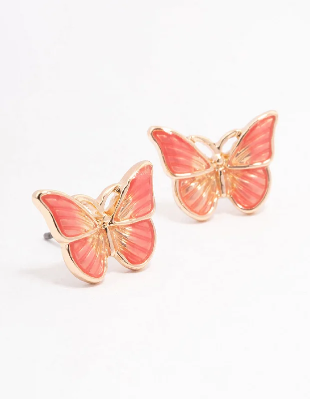 Long Chain Earrings-Pink Butterfly Stud Earirngs