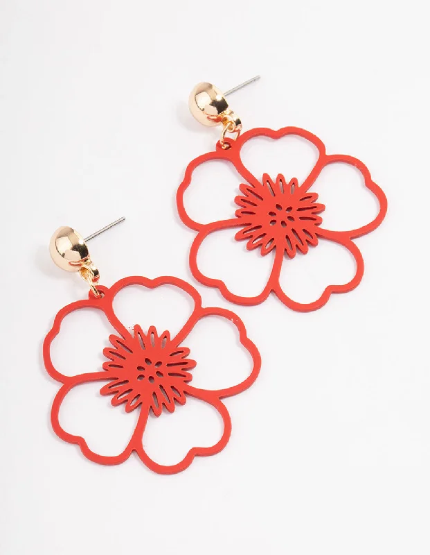 Simple Hoop Earrings for Women-Red Open Flower Drop Earrings