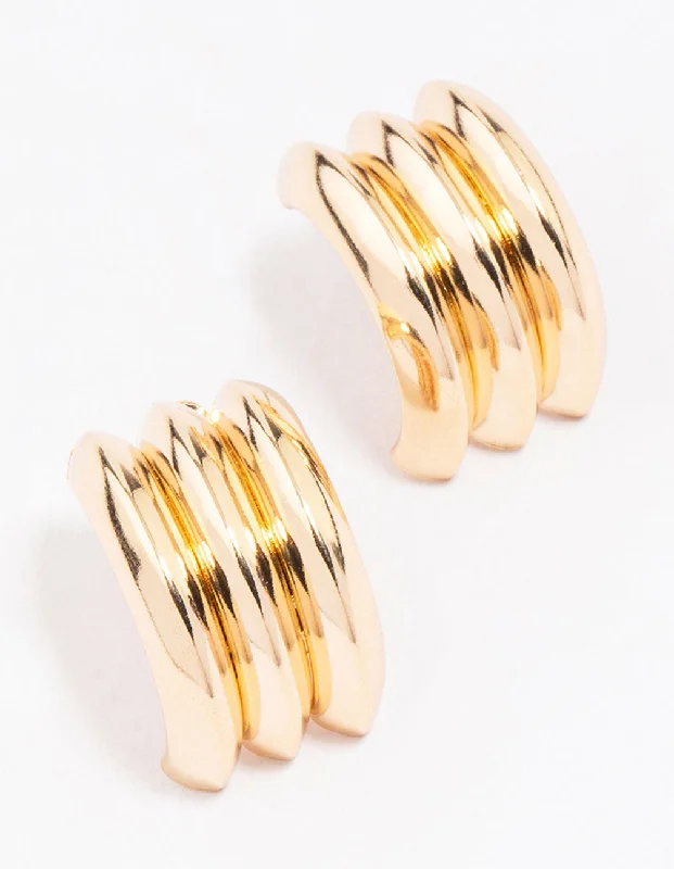 Statement Silver Earrings-Gold Ribbed Barrel Stud Earrings