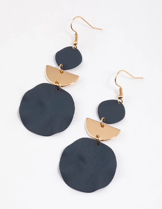 Simple Crystal Earrings-Blue Coated Beaten Disc Drop Earrings